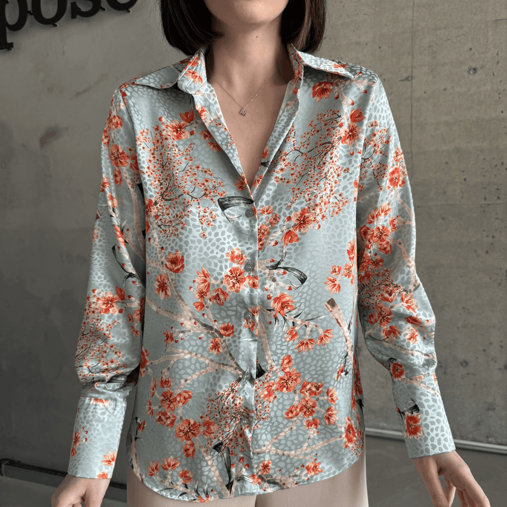 Camisa Estampada com Acabamento Cetim Plum Branch em Verde Menta
