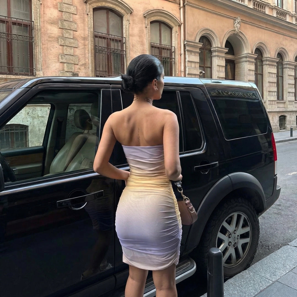 Lila Ombré Trägerloses Bodycon-Minikleid mit Raffungen
