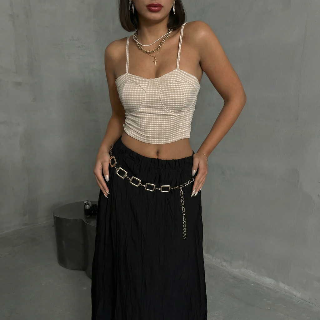 Stenfarvet gingham bustier crop top med hjerteudskæring