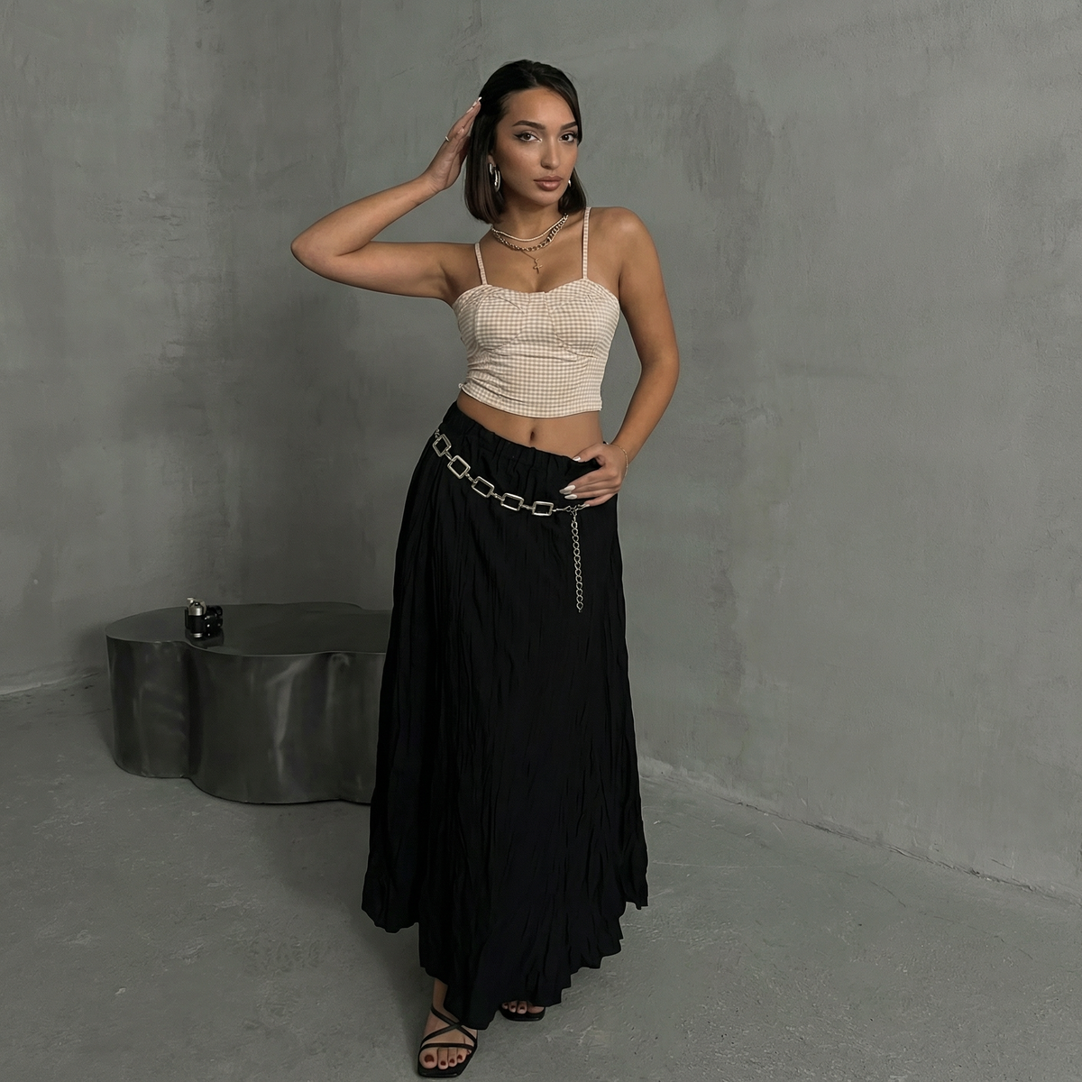 Stenfarvet gingham bustier crop top med hjerteudskæring
