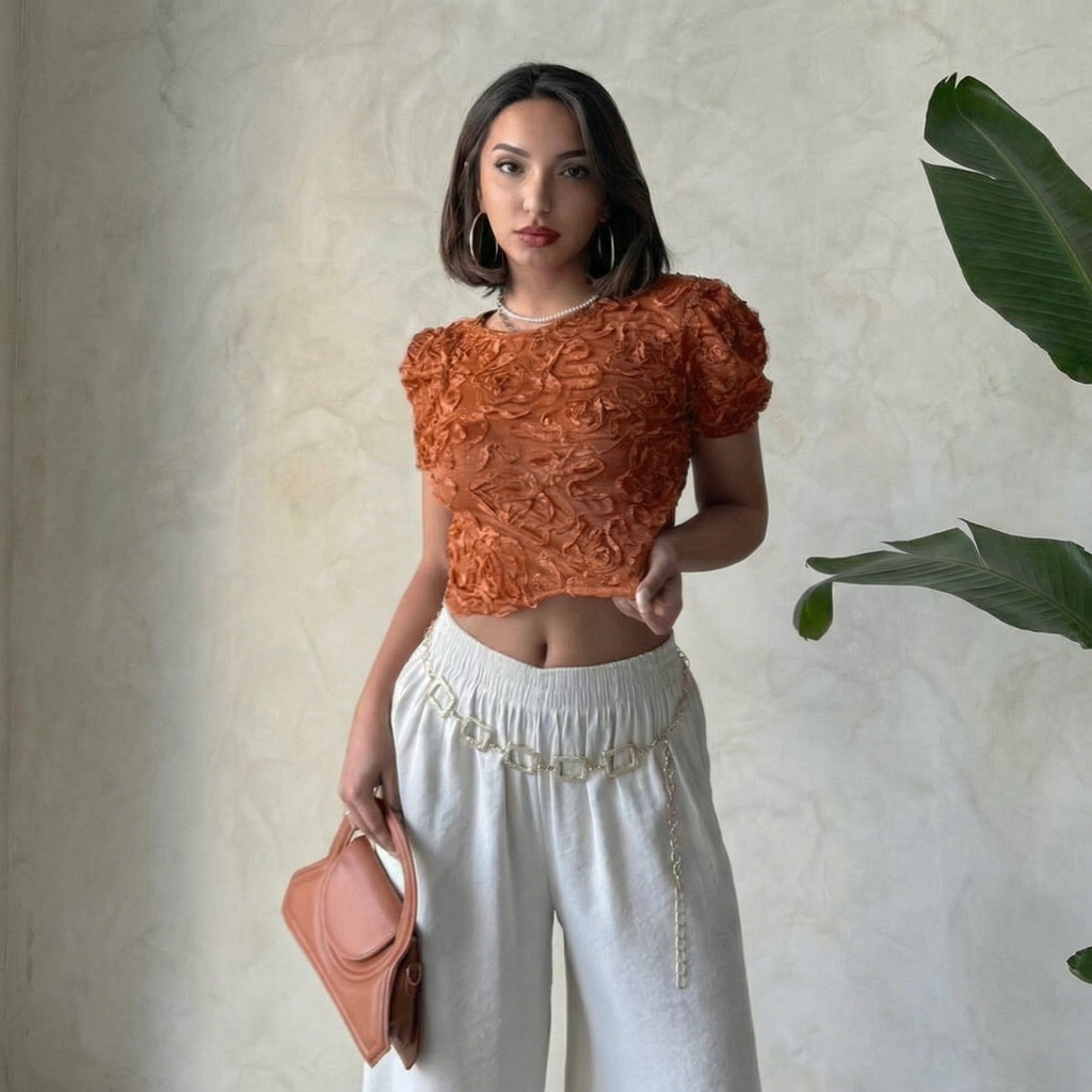 Blusa Cropped Texturizada Floral Laranja Tijolo com Mangas Bufantes