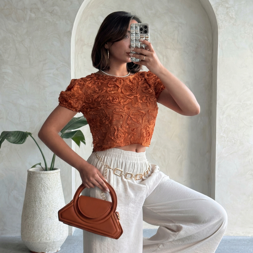 Blusa Cropped Texturizada Floral Laranja Tijolo com Mangas Bufantes