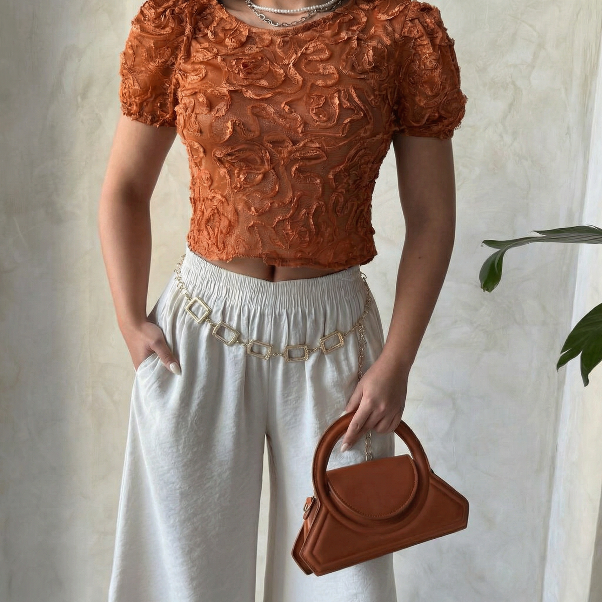 Tile Orange Textured Floral Puff Sleeve Cropped Blouse