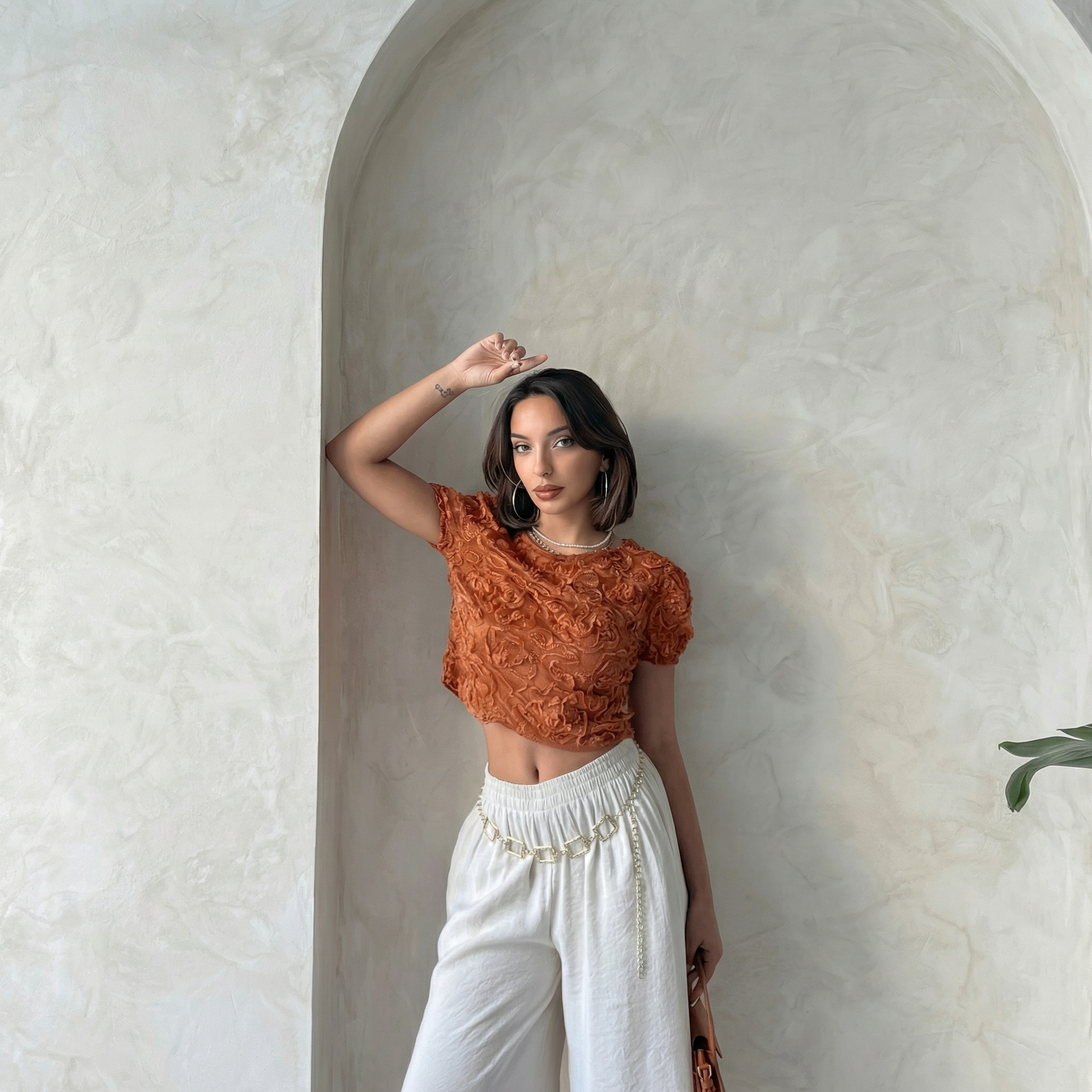 Tile Orange Textured Floral Puff Sleeve Cropped Blouse