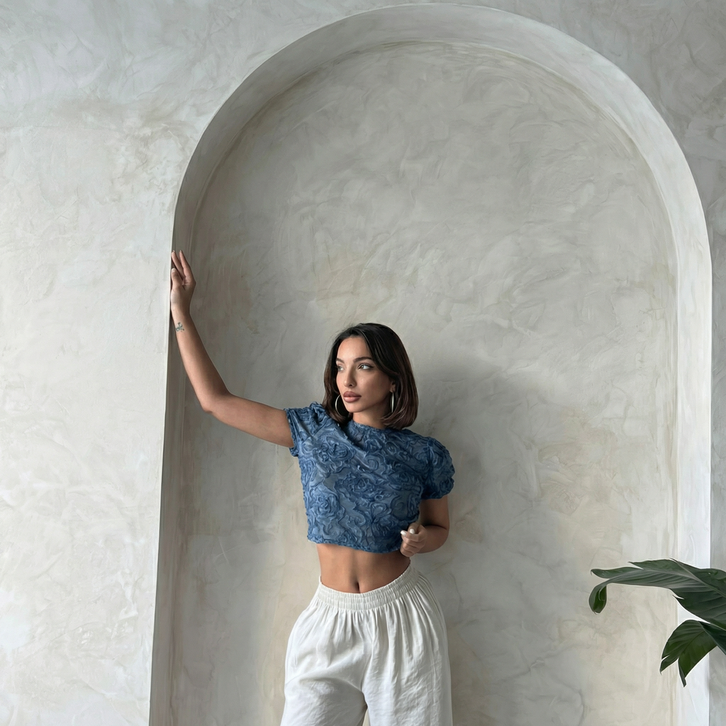 Indigofarvet crop top-bluse i struktureret organza med svajende ærmer