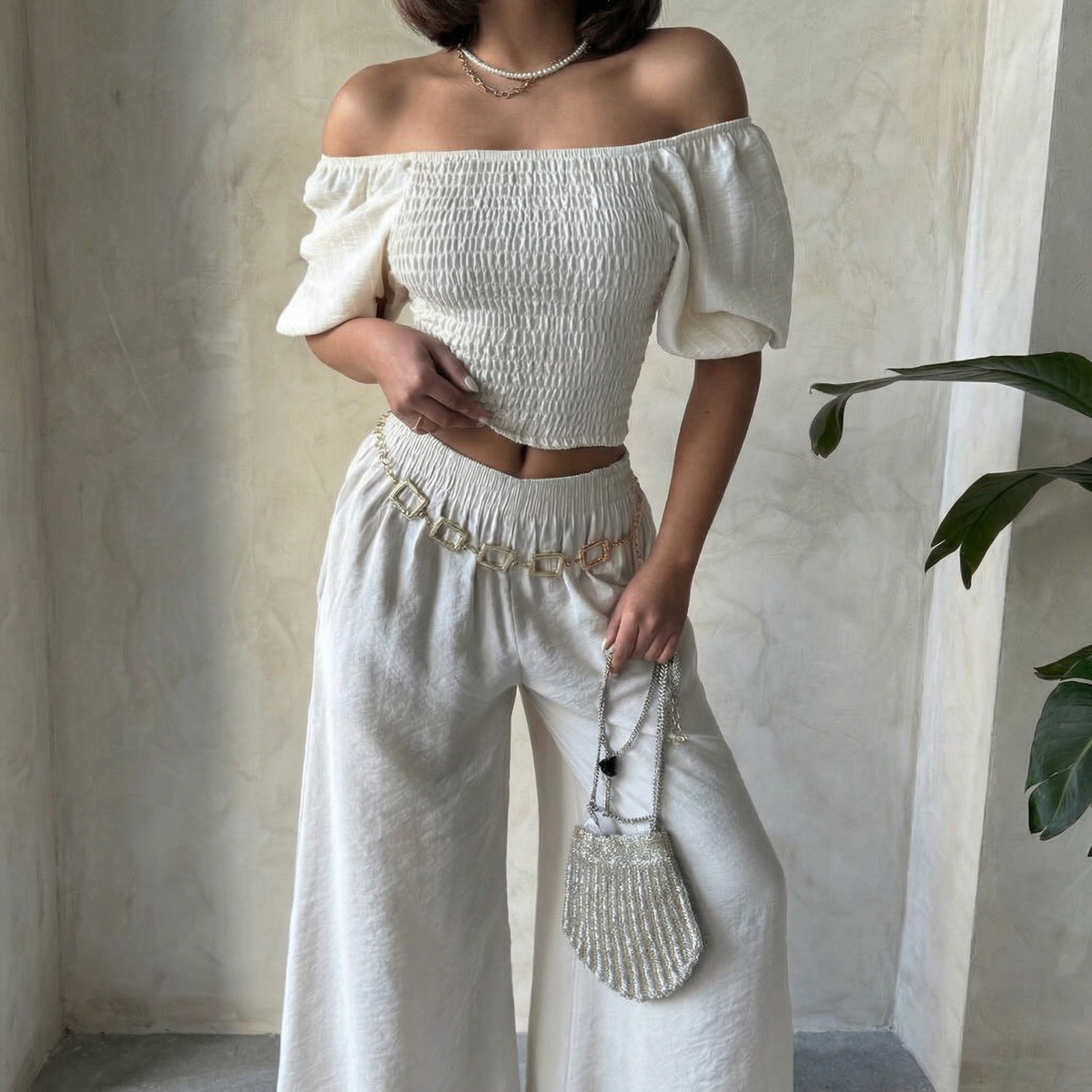 Echsenfarbenes, gesmoktes Off-Shoulder-Puffärmel-Crop-Top
