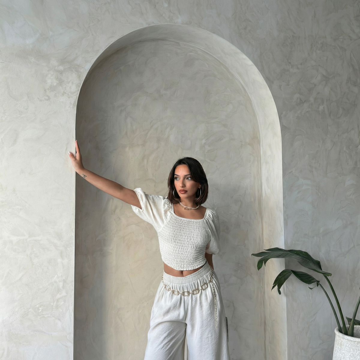 Echsenfarbenes, gesmoktes Off-Shoulder-Puffärmel-Crop-Top